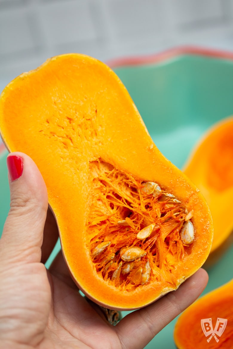 Close up of a honeynut squash cross-section