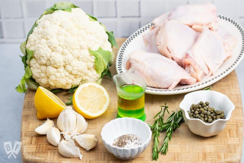 Ingredients for a keto roasted lemon-rosemary chicken & cauliflower recipe