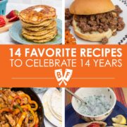 Photos of pancakes, sloppy joe sandwiches, chicken fajitas, and falafel in pita