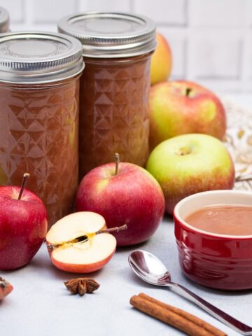 Jars of applesauce surrounded by apples and whole spices.