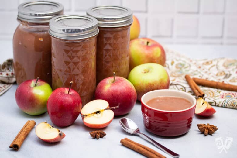 Jars of applesauce surrounded by apples and whole spices.