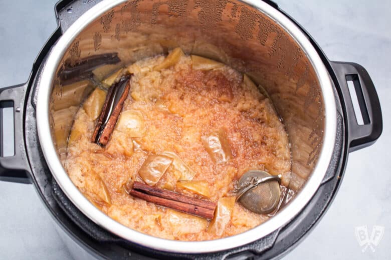 Instant Pot with homemade applesauce ready to be pureed.