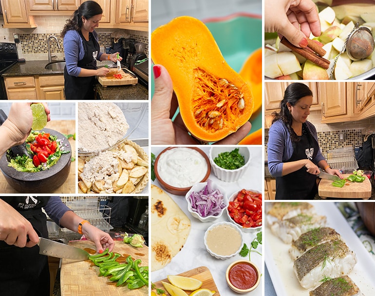 Collage of Ashley Covelli cooking and prepping ingredients for cooking classes.