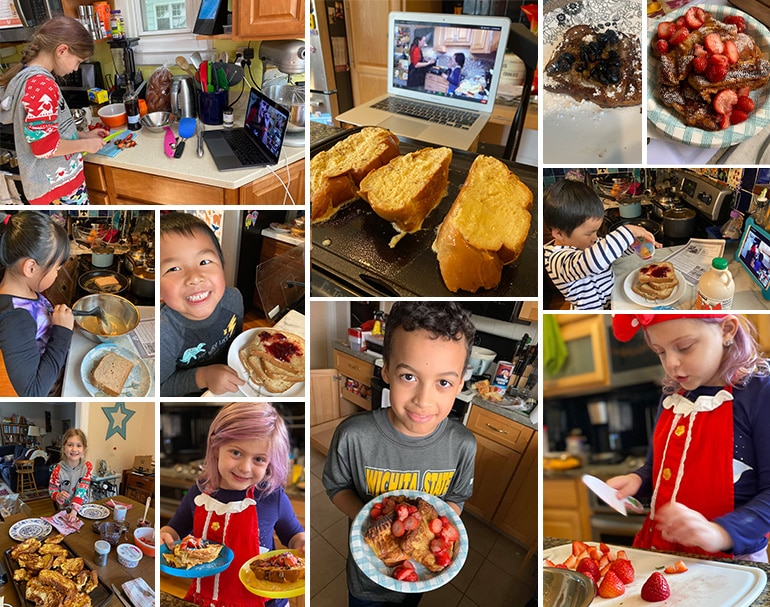 Collage of kids cooking and prepping French toast for a virtual cooking class.