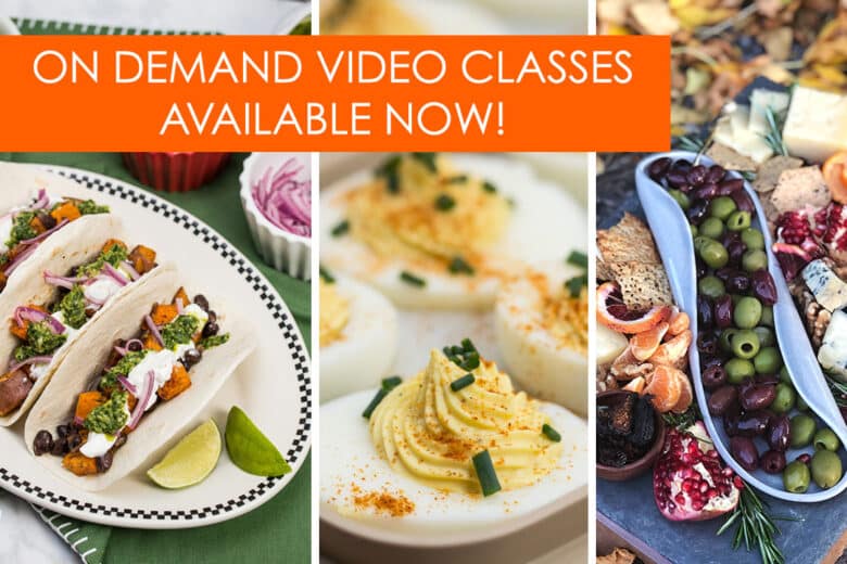 On demand video classes now available. Photo shows an assortment of recipe images.