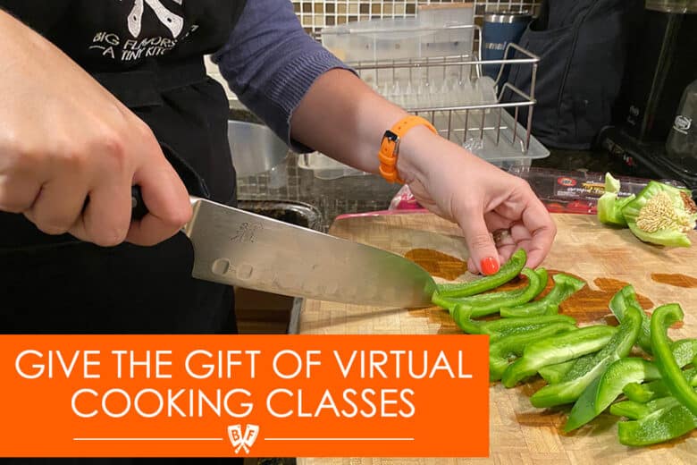 Give the gift of virtual cooking classes with Big Flavors gift cards. Image shows slicing a bell pepper with a knife.