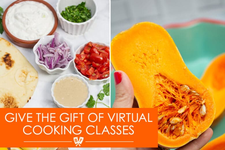 Give the gift of virtual cooking classes with Big Flavors gift cards. Variety of ingredients in various states of preparation are shown.