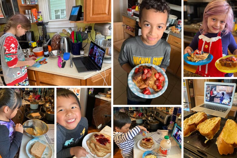 Collage of kids making challah french toast in a virtual cooking class.