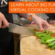 Text says "Learn more about Big Flavors virtual cooking classes" over an image of chopping bell peppers.