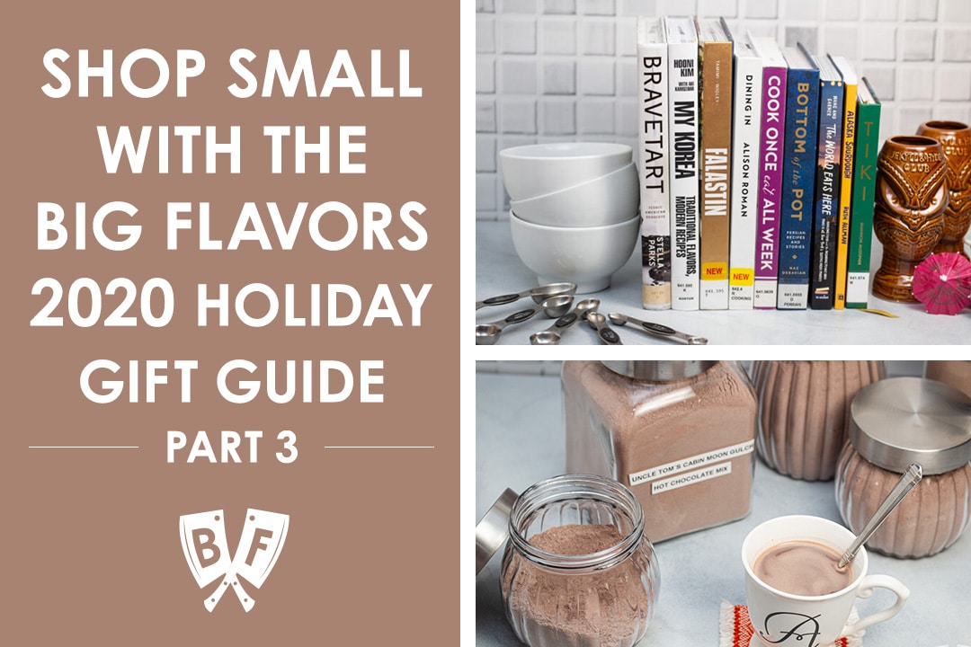 Holiday gift item collage including various cookbooks and homemade hot cocoa mix.
