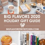 Collage of holiday gift items including hot cocoa mix, artisan cheeses, honeycomb, and cookbooks.