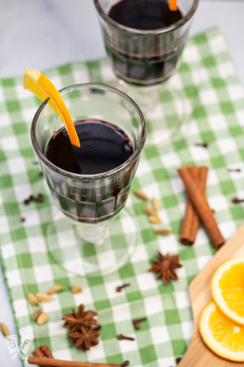 Overhead view of a glass of spiced mulled wine.