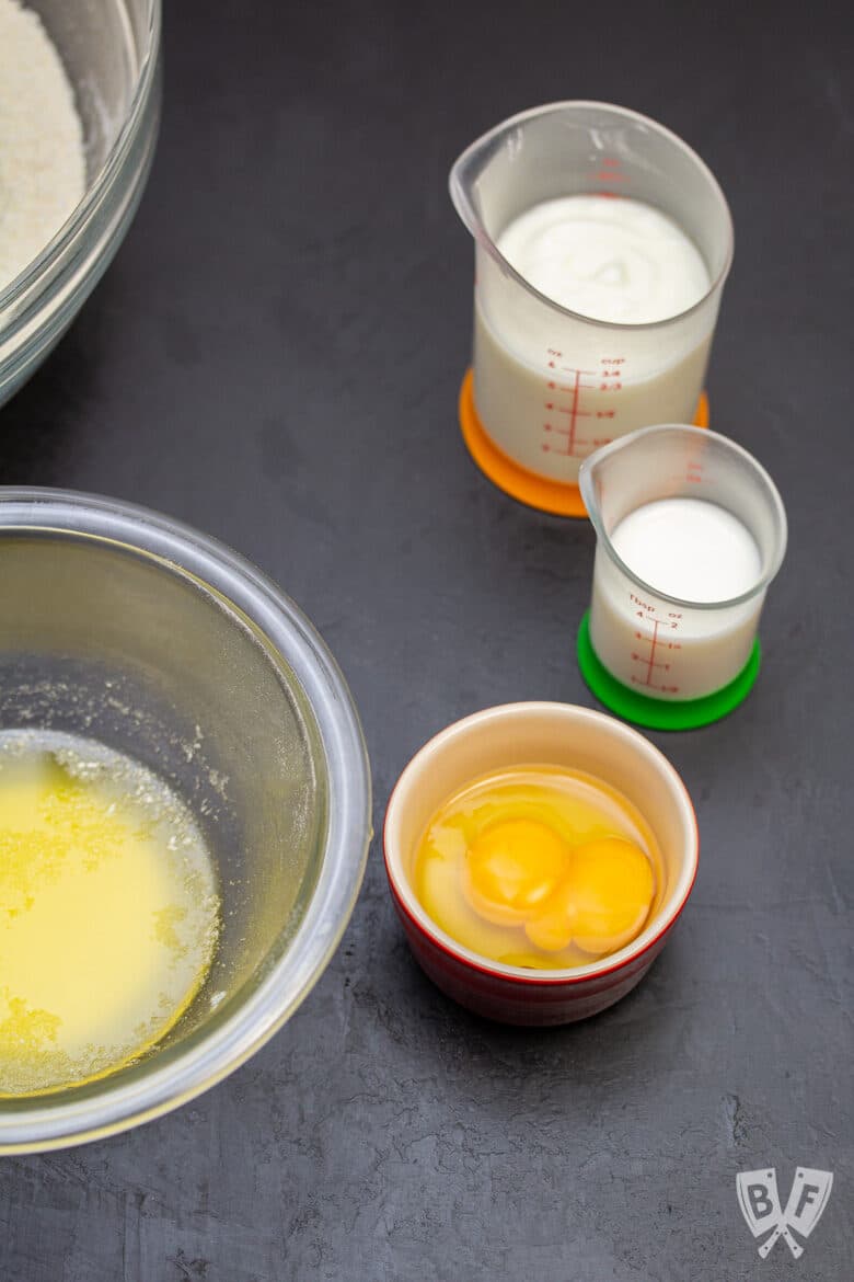 Wet ingredients for sweet corn muffin recipe.