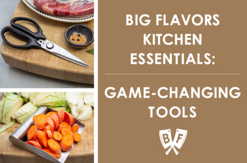 Collage of kitchen tool images - kitchen scissors and a bench scraper with sides.