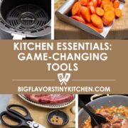 Collage of kitchen tool images - kitchen scissors and a bench scraper with sides.