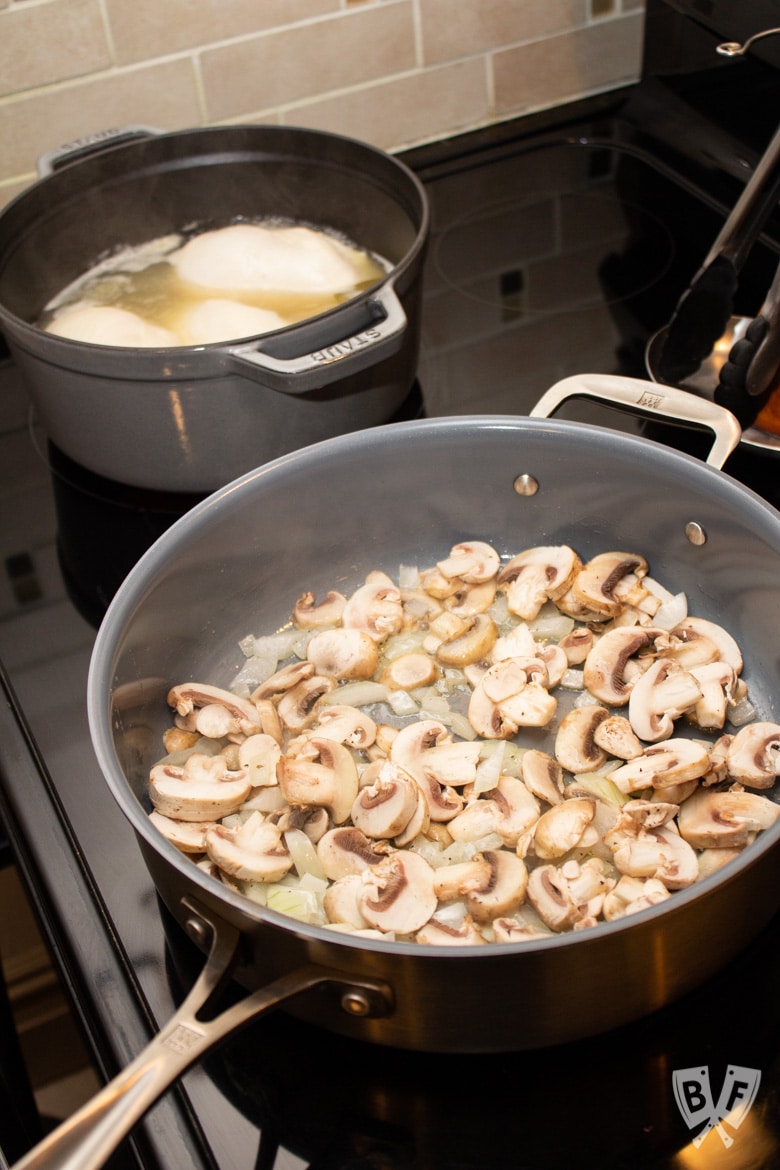 Poaching chicken and sautéing mushrooms and onion on the stovetop.