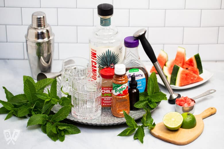 Ingredients ready to make a watermelon tequila cocktail.