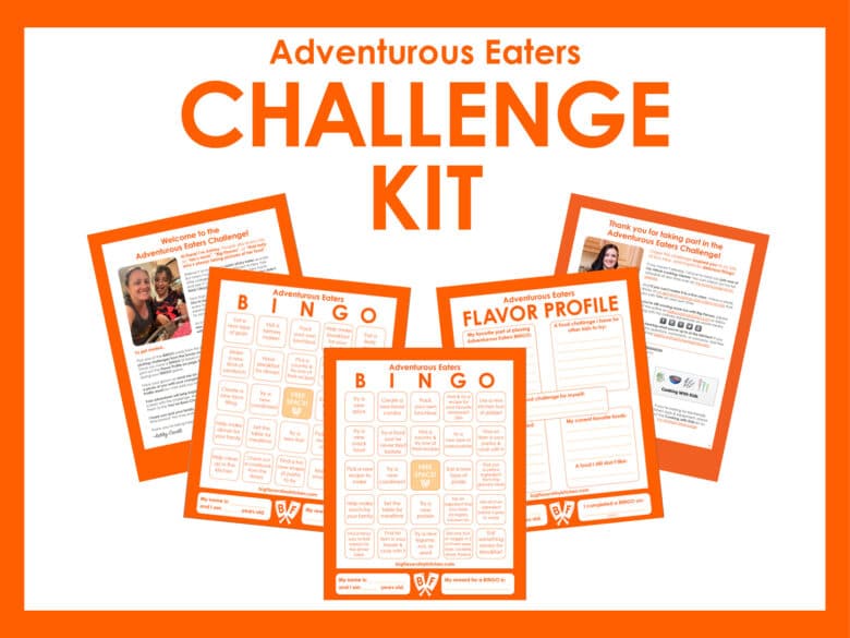 Text that says Adventurous Eaters Challenge Kit with previews of 5 printable pages.