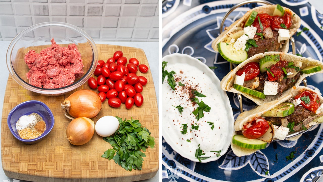 Ingredients for kebab and finished kebab in pita bread with yogurt sauce.