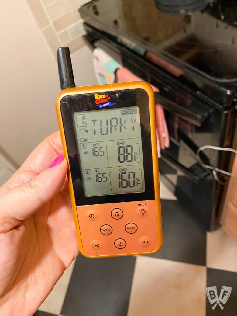 Dual probe thermometer display showing turkey temperature settings.