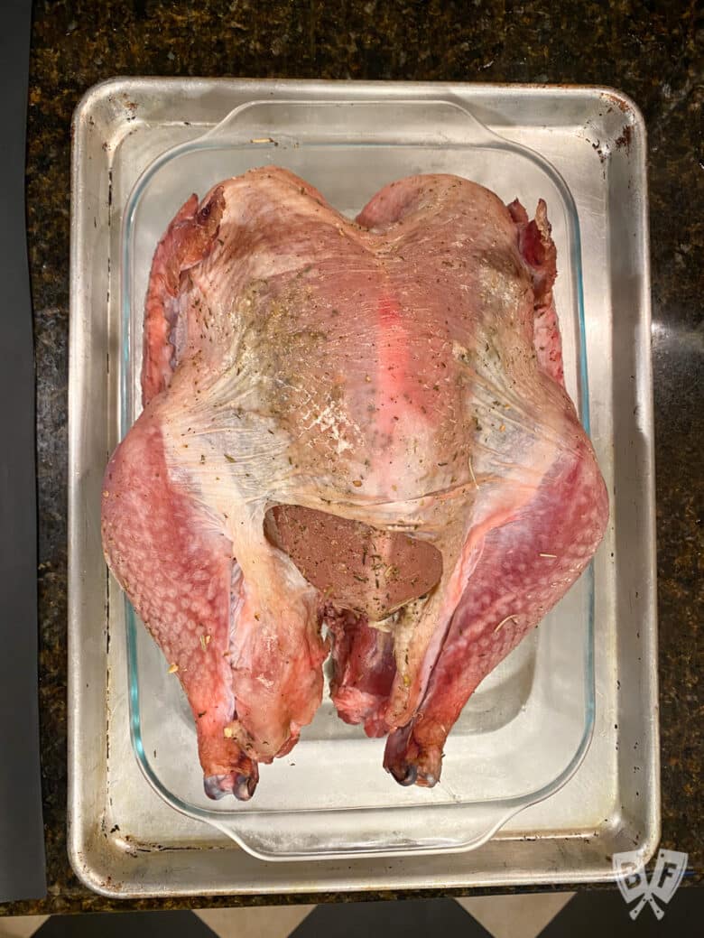 Dry brined turkey ready for the oven.