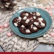 Milk and cookies surrounded by peppermints and mini marshmallows.