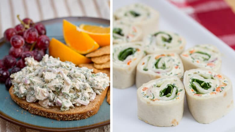 Photo of chicken salad sandwich with fresh fruit and veggie cream cheese roll-ups.