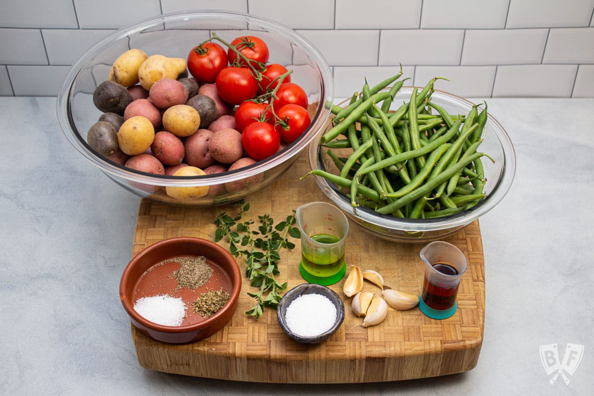 Ingredients for Calabrese Potato Salad with Green Beans + Tomatoes.