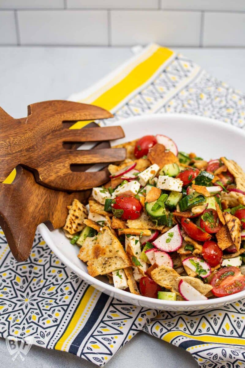 Bowl of fattoush salad ready to be served.