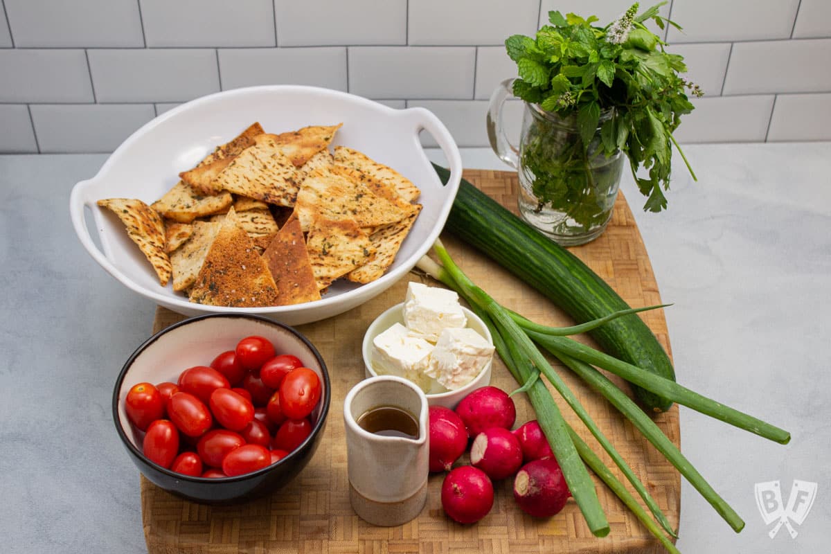 Overhead view of ingredients for fattoush salad.