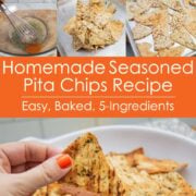 Collage of steps for making homemade baked pita chips.