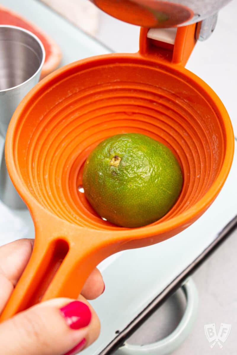 Lime in a citrus juicer.
