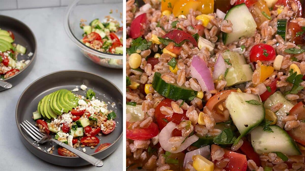 2 side-by-side images of farro salad with veggies, avocado, and feta.