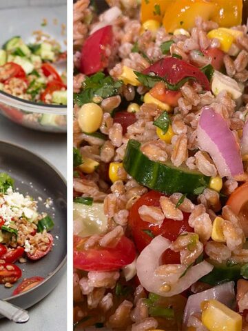 Side by side images of farro salad with veggies, avocado, and feta.