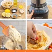 Collage of images showing the steps for making homemade hummus.