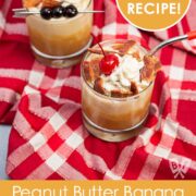 Overhead view of 2 peanut butter banana milkshakes with bacon - text includes "no ice cream recipe".