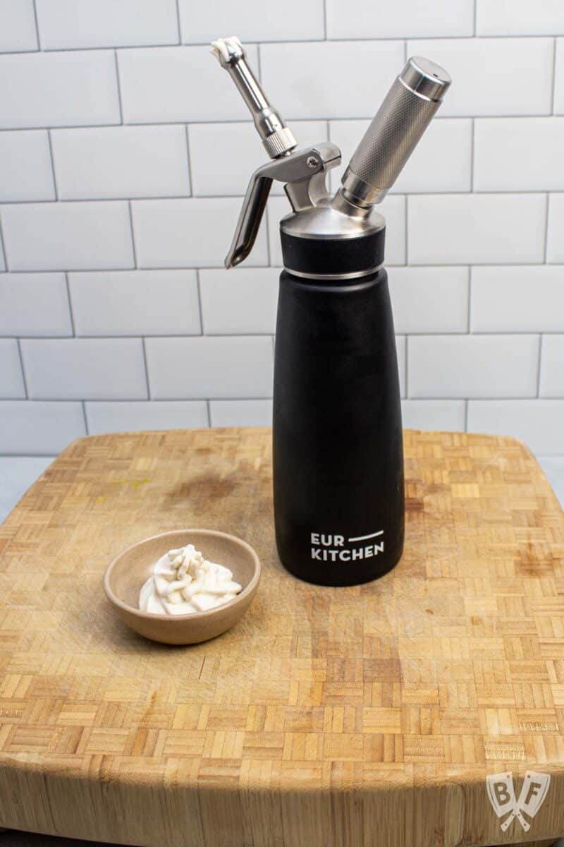 Whipped cream dispenser with a small bowl of whipped cream dispensed in a bowl.