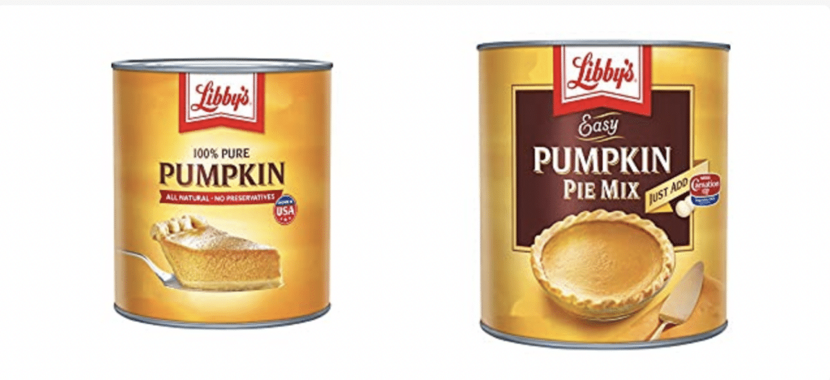 Side-by-side of canned pumpkin and canned pumpkin pie mix.