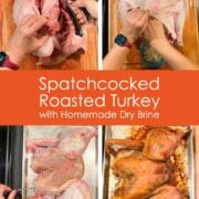 Collage of process photos with text that says, "Spatchcocked Roasted Turkey with Homemade Dry Brine".