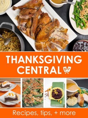 Collage of Thanksgiving recipe images with text that reads, "Thanksgiving Central: Recipes, tips, + more for your holiday table".