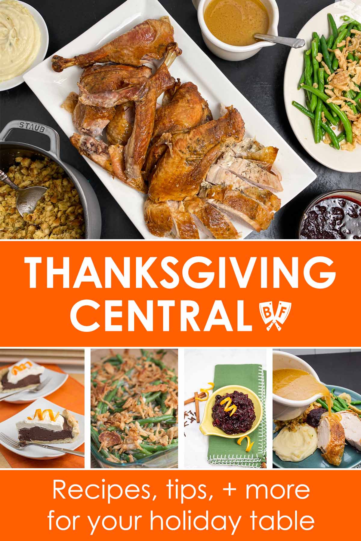 Collage of Thanksgiving recipe images with text that reads, "Thanksgiving Central: Recipes, tips, + more for your holiday table".