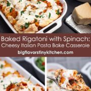 Collage of images of a baked rigatoni casserole with salad served alongside and a spoon pulling a serving out of the dish.