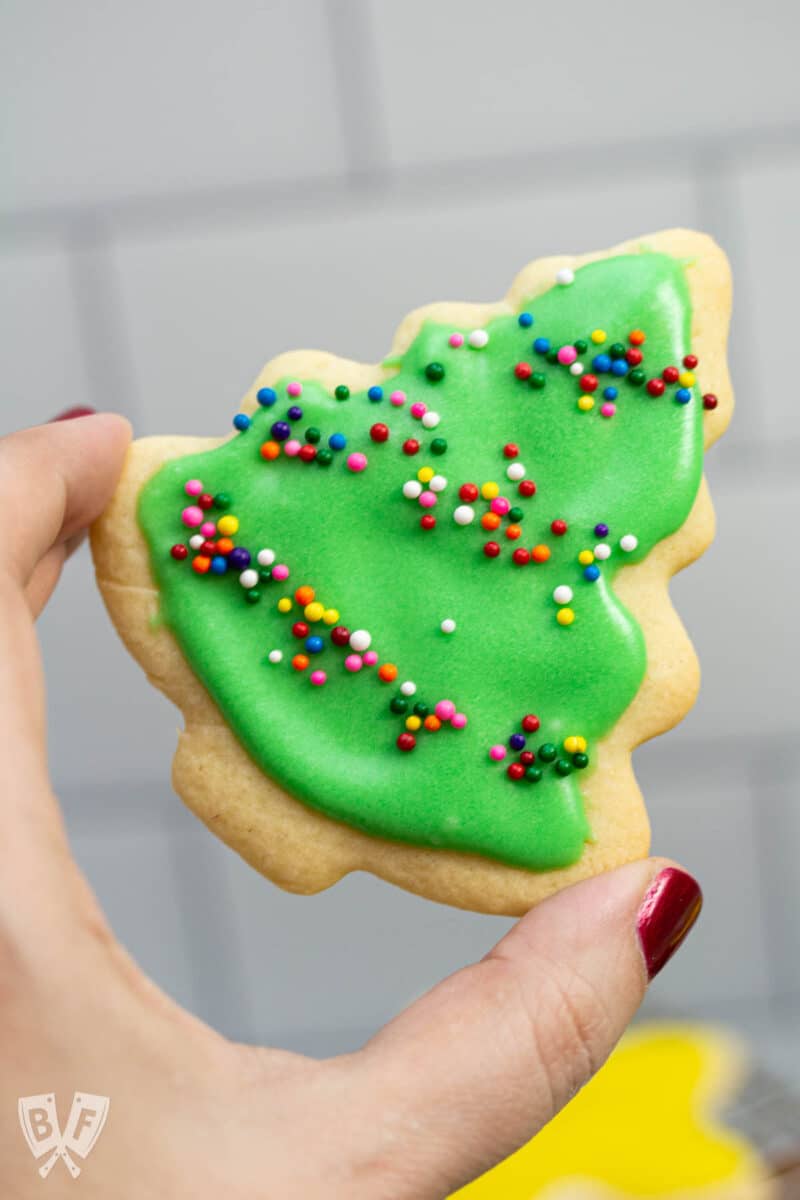 Holding a Christmas tree-shaped decorated sugar cookie.