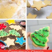 Collage of process photos with text that reads, "Grandma's Classic Cut Out Christmas Sugar Cookie Recipe bigflavorstinykitchen.com".