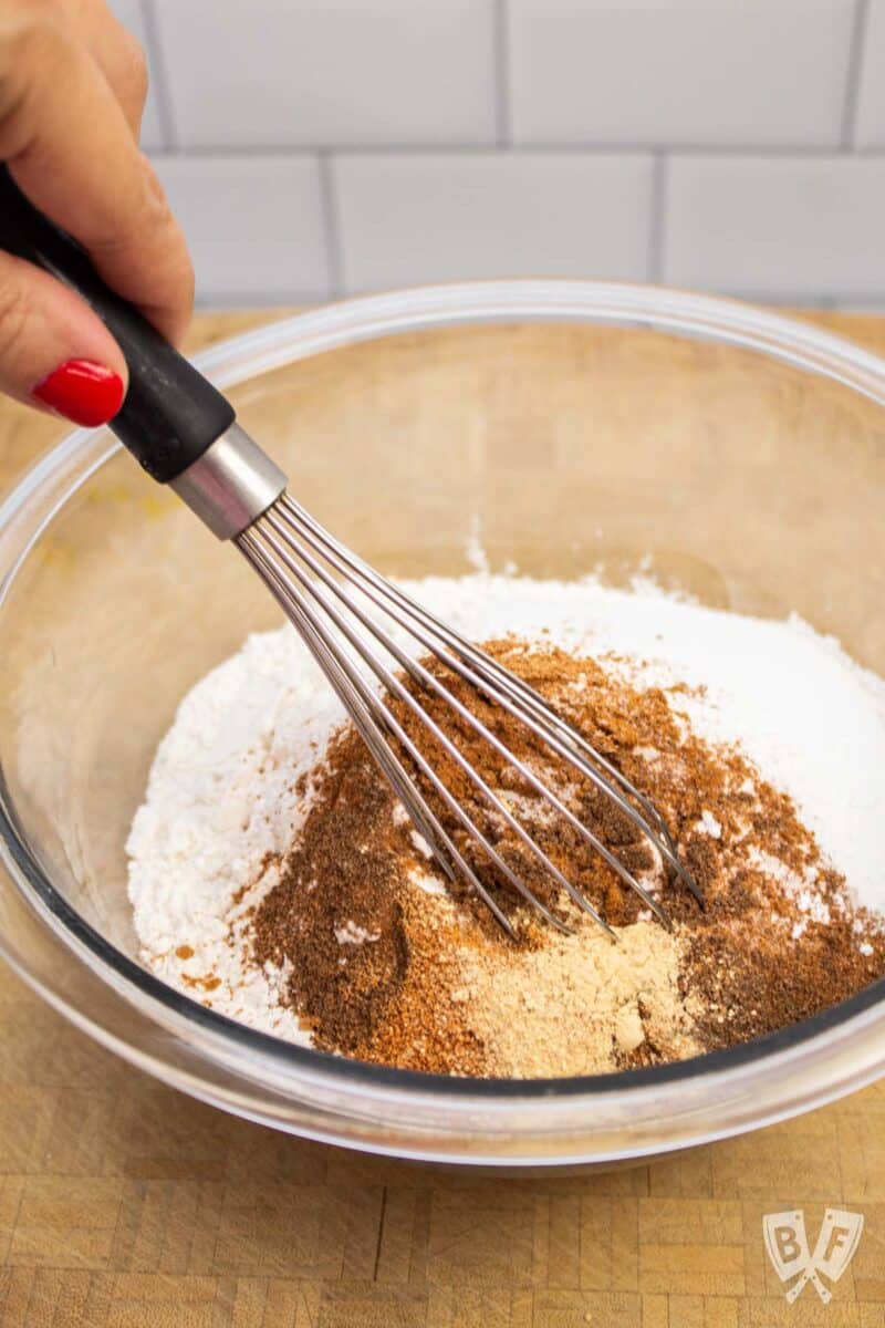Whisking together the dry ingredients for gingerbread pancakes.