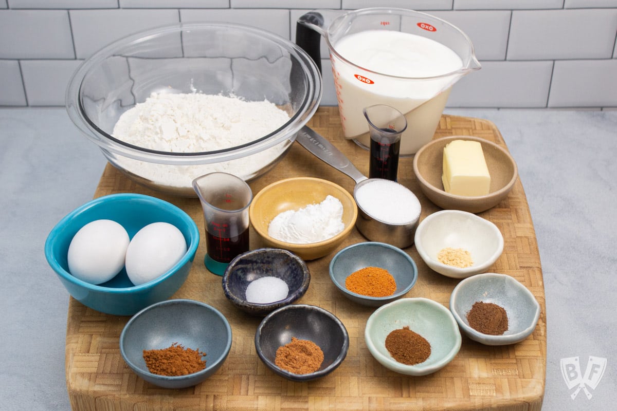 Bowls of ingredients laid out and ready to make gingerbread pancakes.