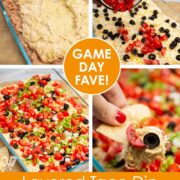 Collage of images showing steps of making layered taco dip with refried beans. Text overlay says "game day fave!".