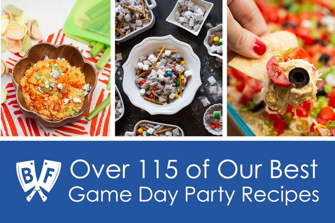 Collage of images of party food with text that reads, "Over 115 of Our Best Game Day Party Recipes".