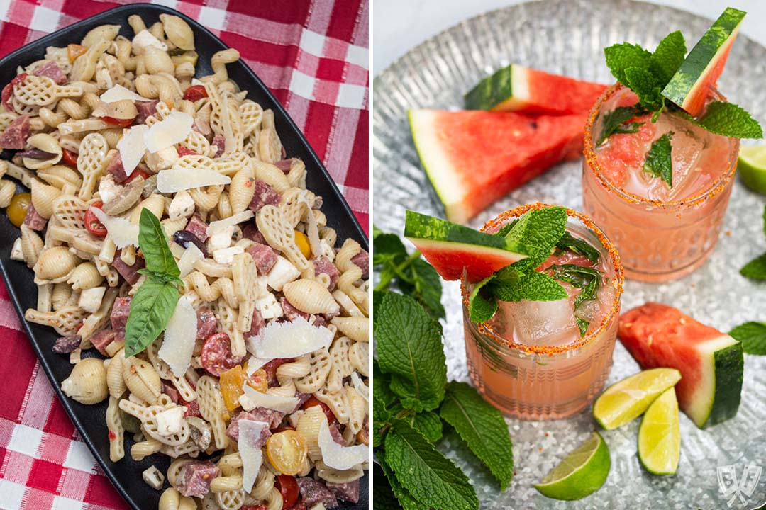 Side by side images of pasta salad and a watermelon beverage garnished with lime and mint.