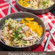 Peanut noodles with shredded pork, fresh herbs, and honeyed oranges.